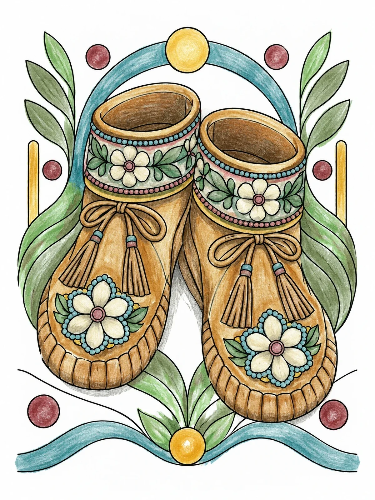 Colored example of the Traditional Beaded Moccasins coloring page