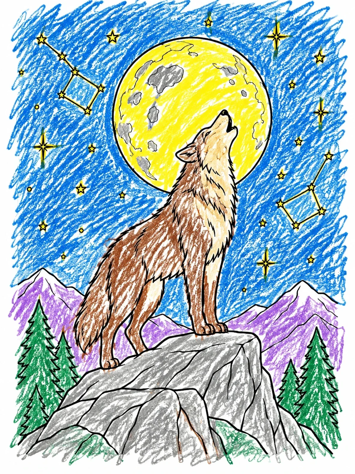 Colored example of the Wolf Howling At The Full Moon coloring page