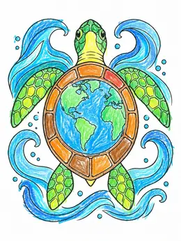 Ocean Current Drawing Turtle Island Earth In Ocean Waves – Indigenous Coloring Page