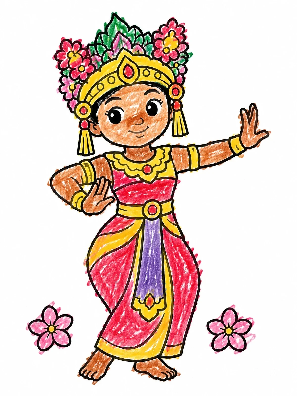Colored example of the Cute Balinese Dancer With Flowers coloring page