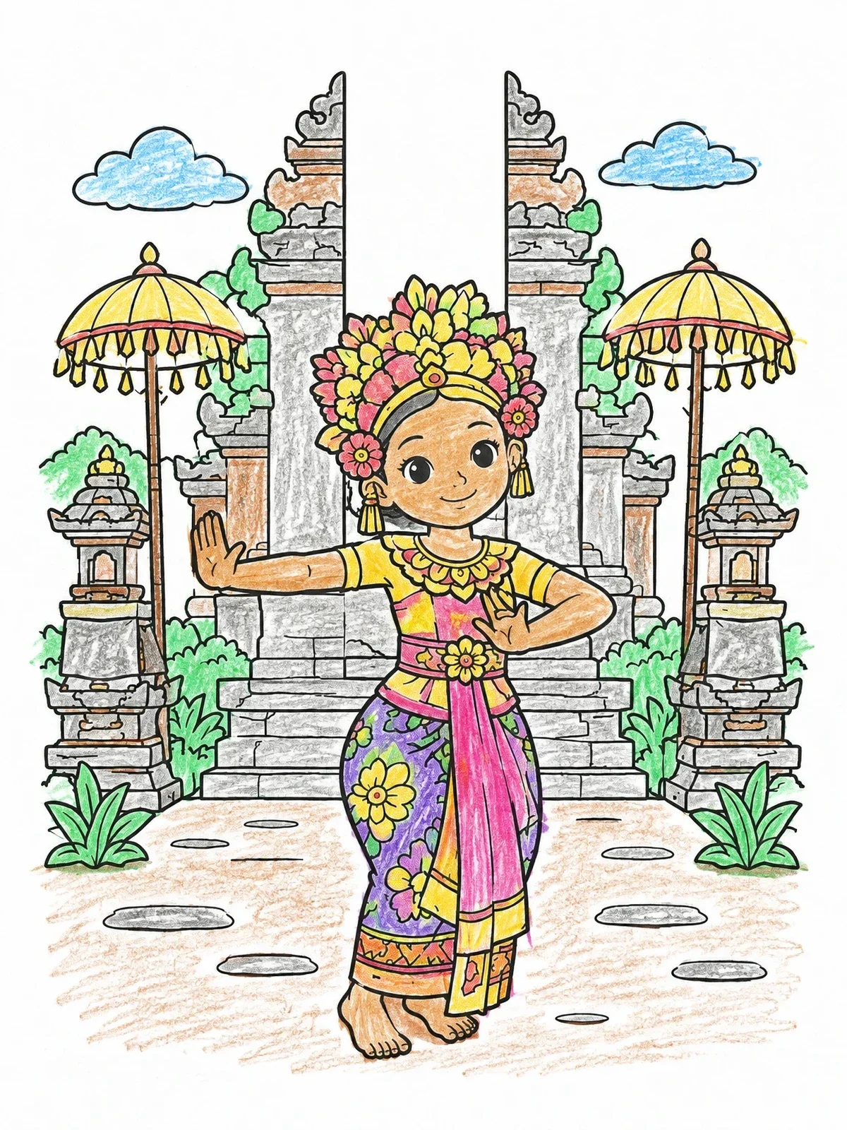 Colored example of the Balinese Dancer At Temple Gate coloring page