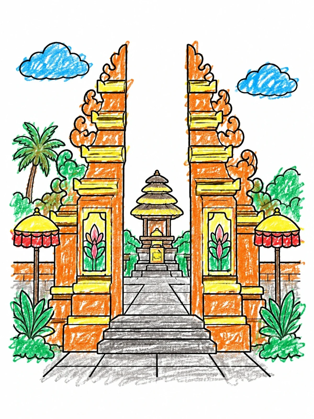 Colored example of the Balinese Split Temple Gate Candi Bentar coloring page