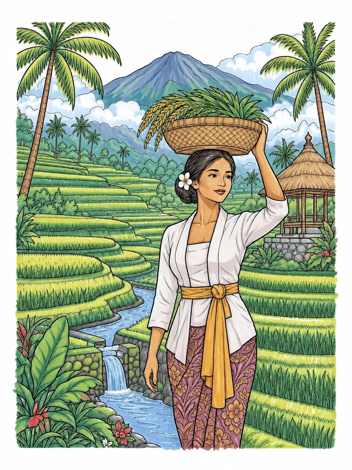 Colored example of the Balinese Woman At Rice Terraces coloring page