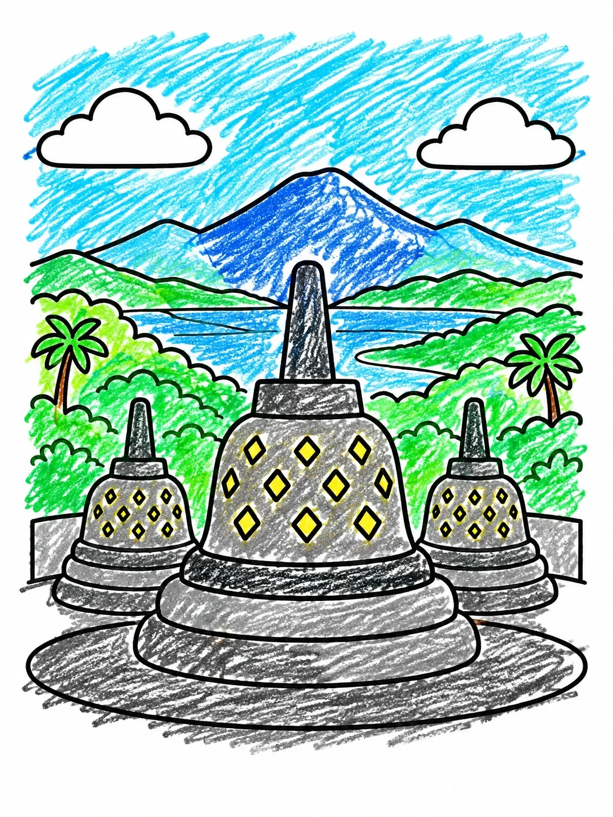 Colored example of the Borobudur Stupas With Mountain View coloring page