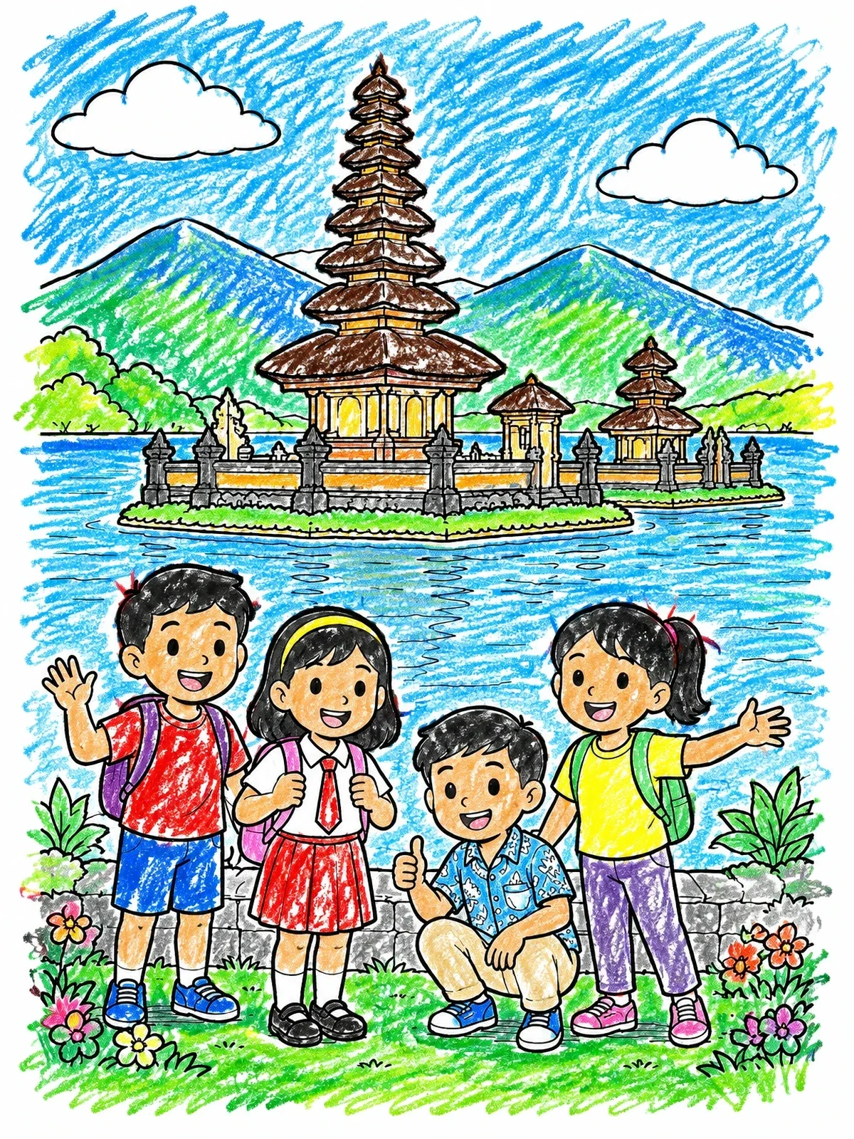 Colored example of the Children Visiting Ulun Danu Bratan Temple coloring page