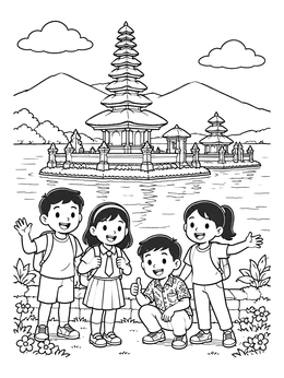 Free printable Children Visiting Ulun Danu Bratan Temple coloring page