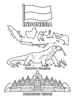 Free printable Indonesia Flag, Map, Komodo Dragon And Borobudur coloring page