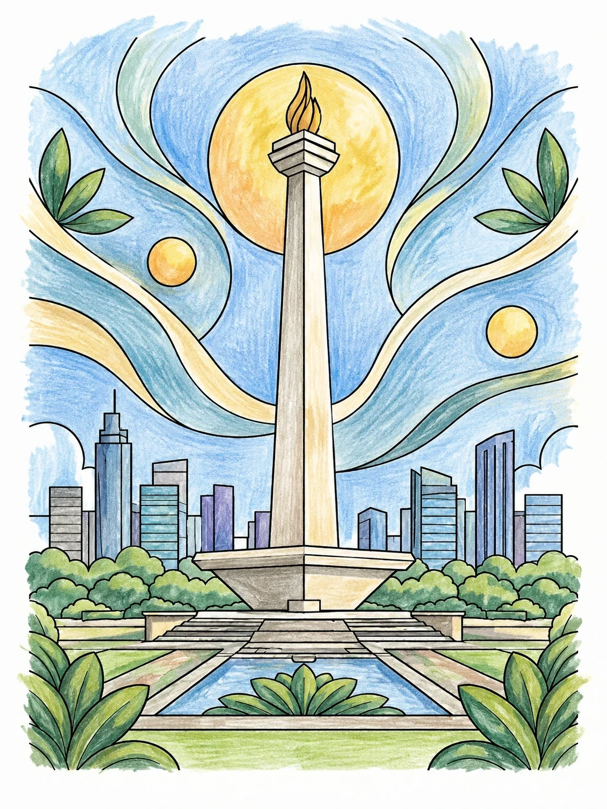 Colored example of the Monas Monument In Jakarta coloring page