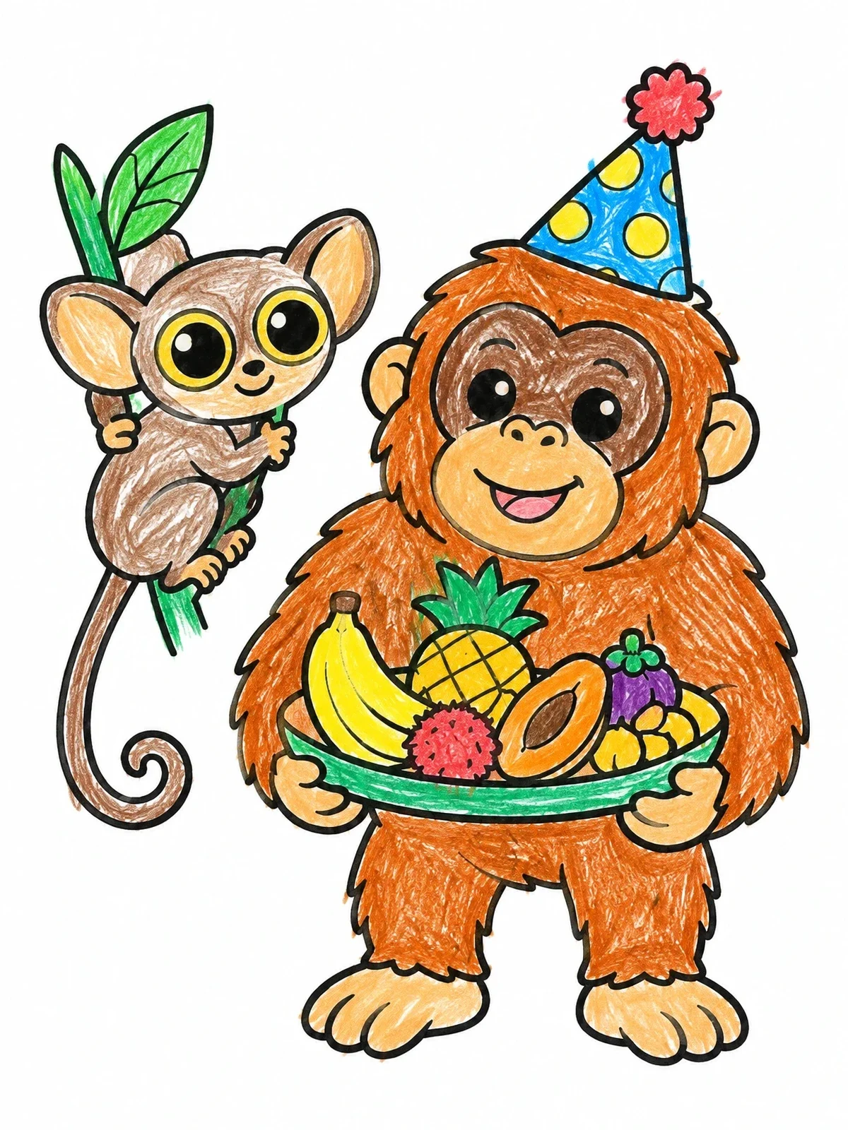 Colored example of the Party Orangutan And Cute Tarsier coloring page