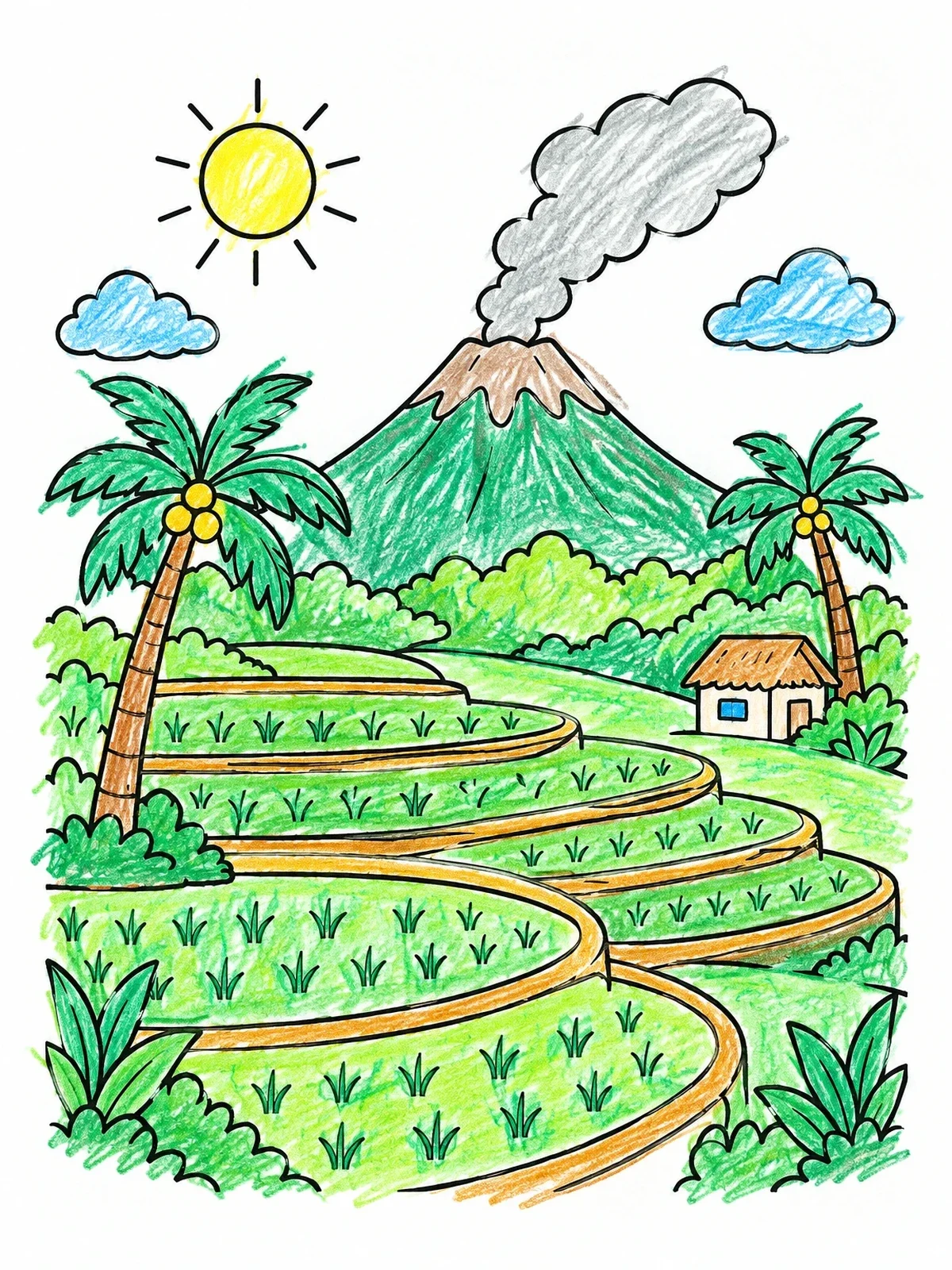 Colored example of the Terraced Rice Fields And Volcano coloring page