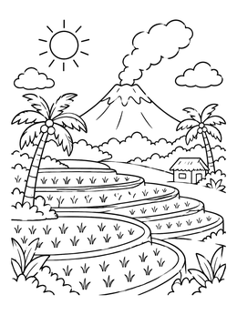 Free printable Terraced Rice Fields And Volcano coloring page
