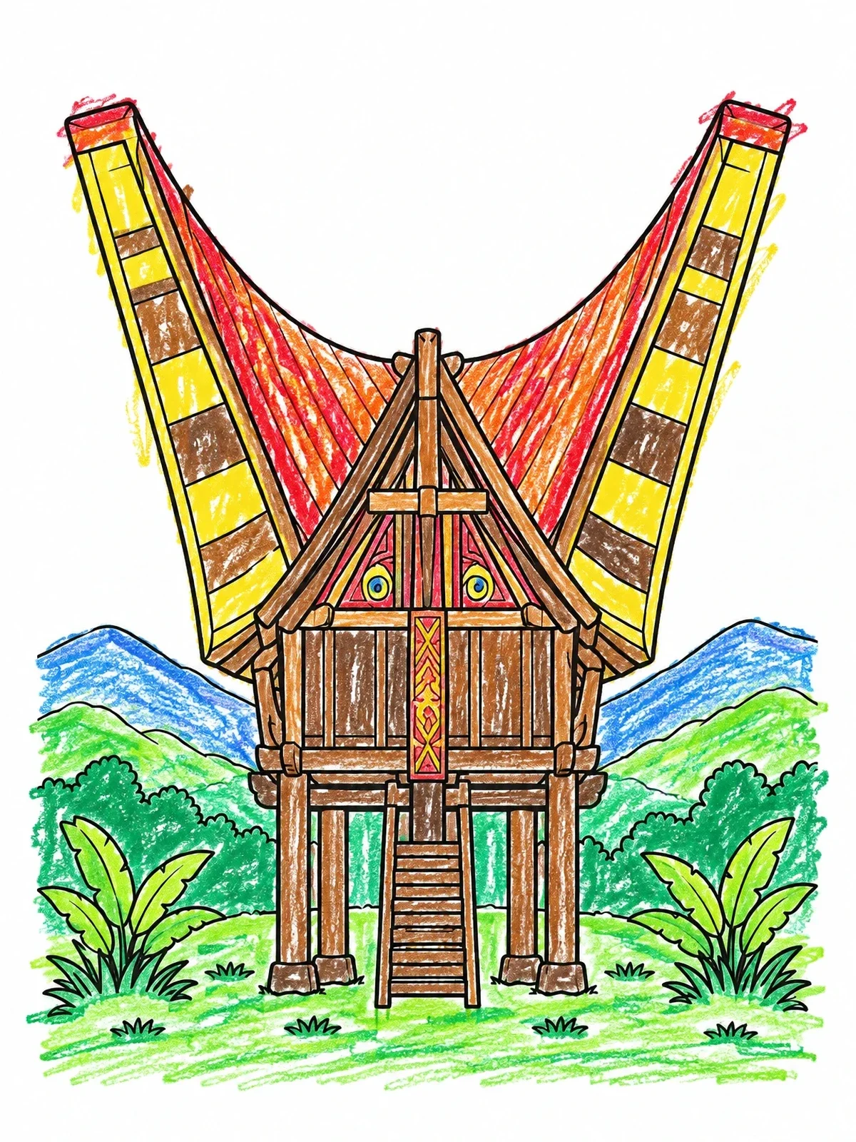 Colored example of the Traditional Toraja Tongkonan House coloring page