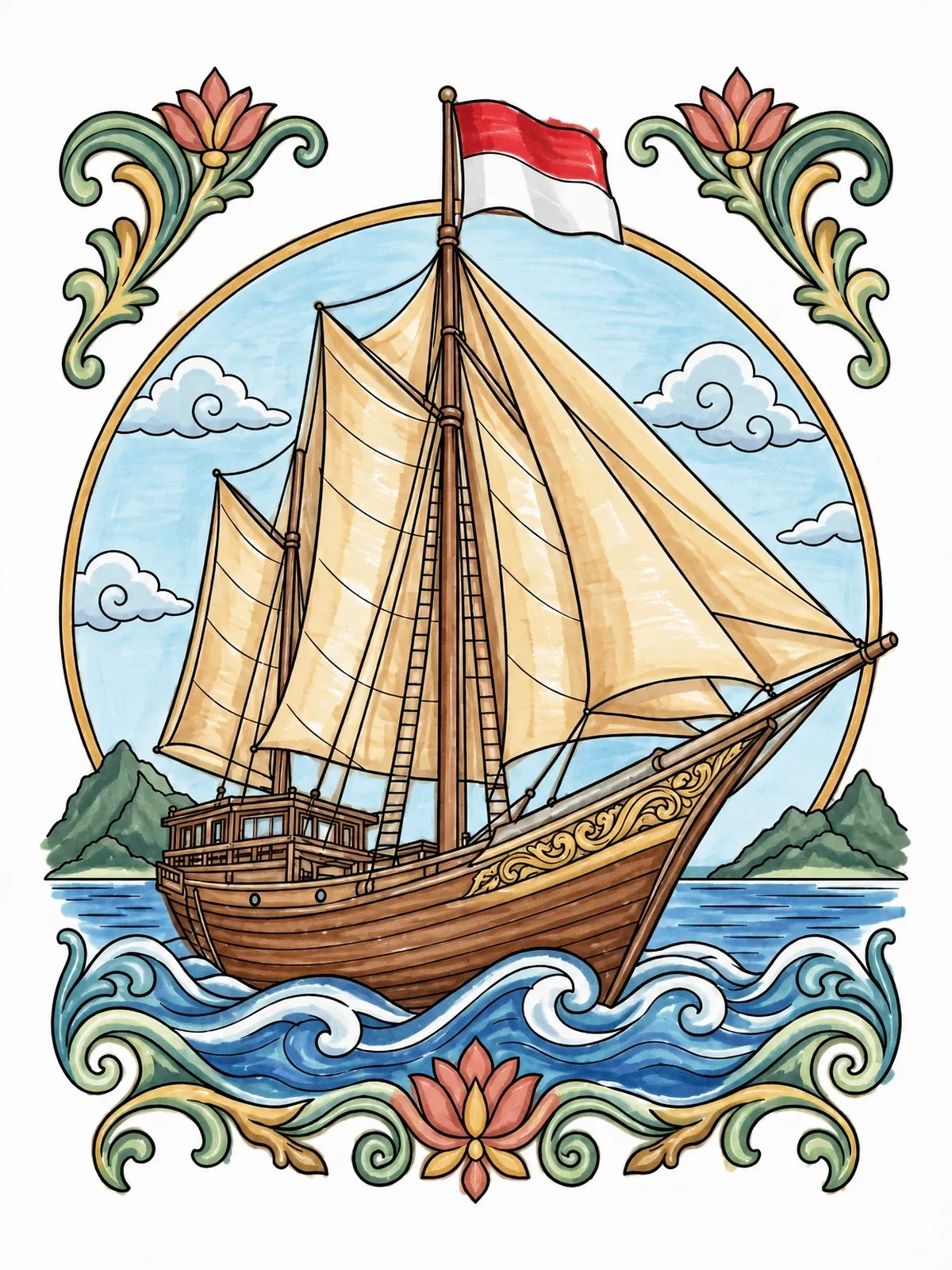 Colored example of the Traditional Indonesian Pinisi Schooner At Sea coloring page