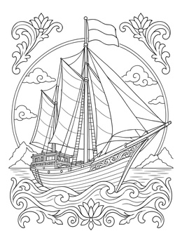 Free printable Traditional Indonesian Pinisi Schooner At Sea coloring page