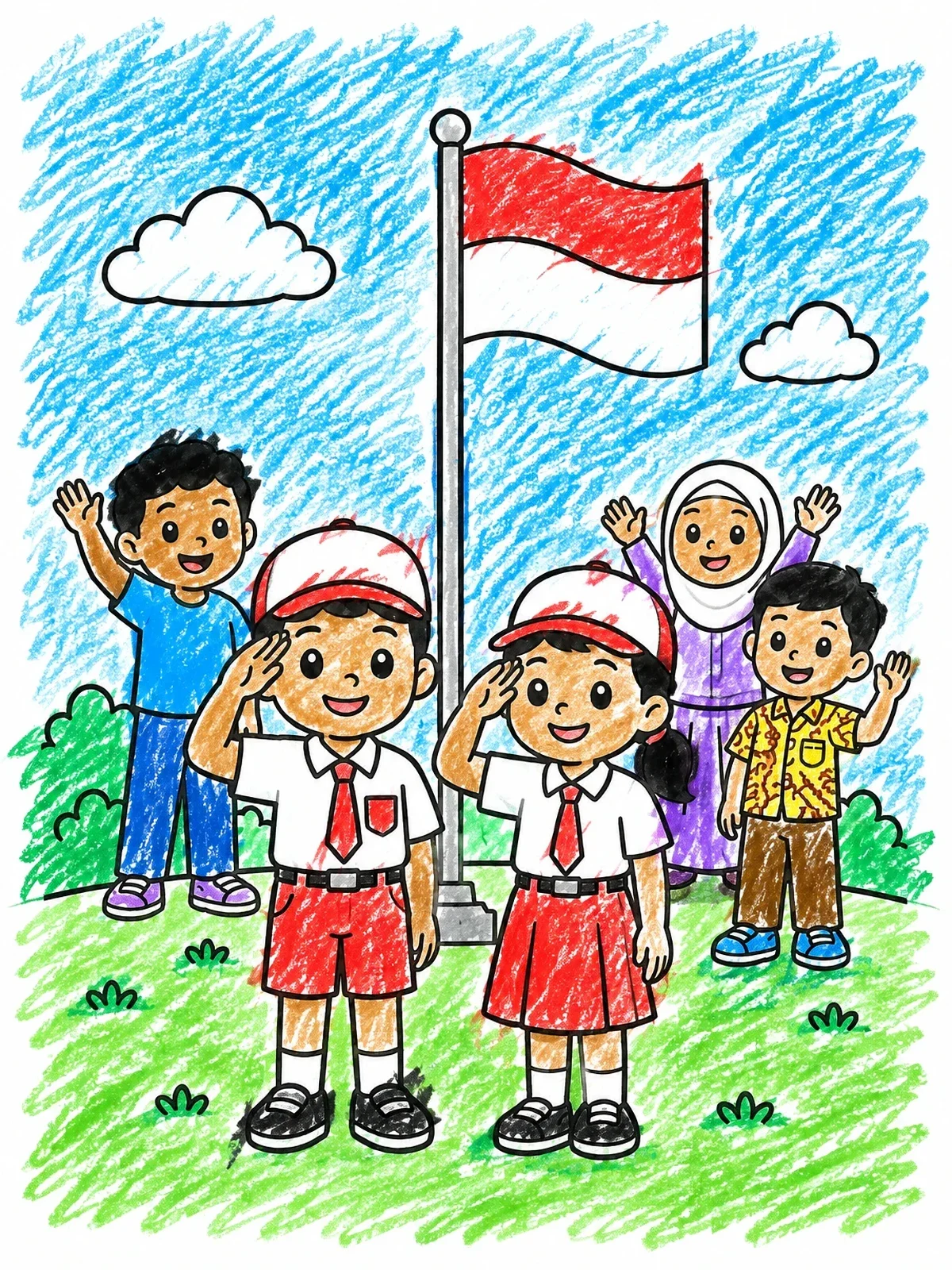 Colored example of the Indonesian Students Saluting The Flag coloring page