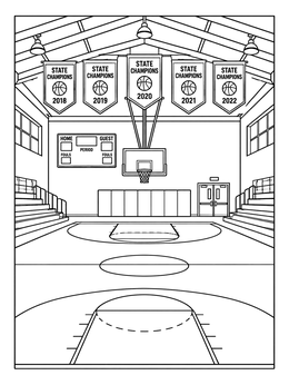 An empty basketball court coloring page featuring championship banners, bleachers, and a scoreboard.