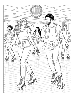 A cheerful roller skating coloring page showing friends gliding under a disco ball at an indoor rink.