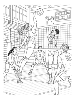 Athletes spike and block at the net in this realistic volleyball coloring page.