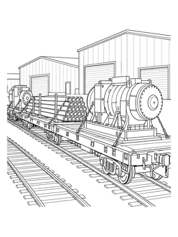 A detailed train coloring page showing flatbed railcars loaded with machinery and pipes.