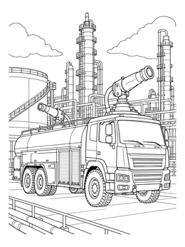 An industrial foam tender fire truck coloring page stationed at a large chemical refinery.