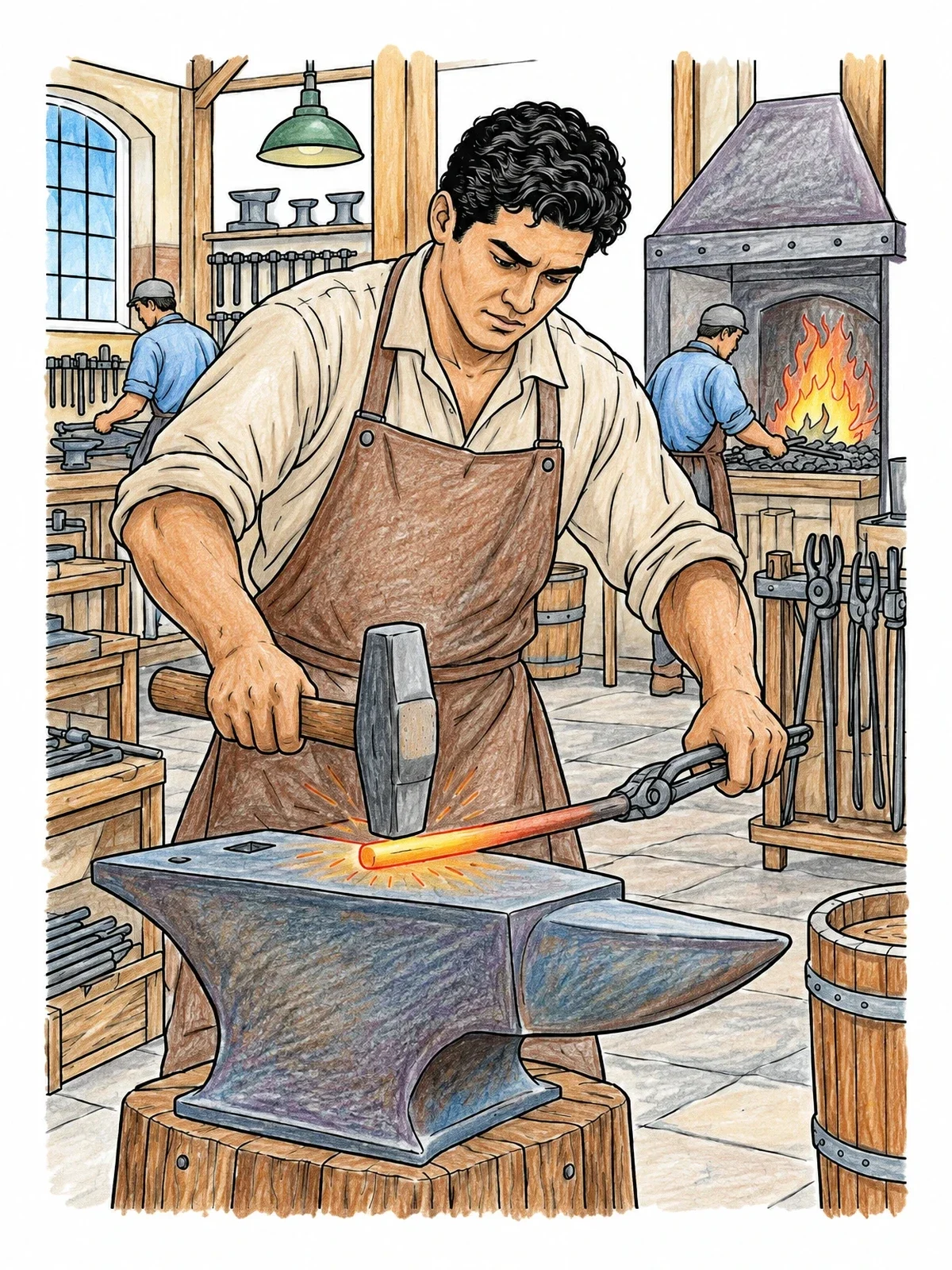Colored example of the Blacksmith Working At The Anvil coloring page