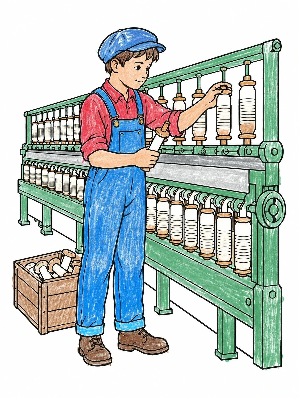 Colored example of the Bobbin Boy At The Spinning Machine coloring page