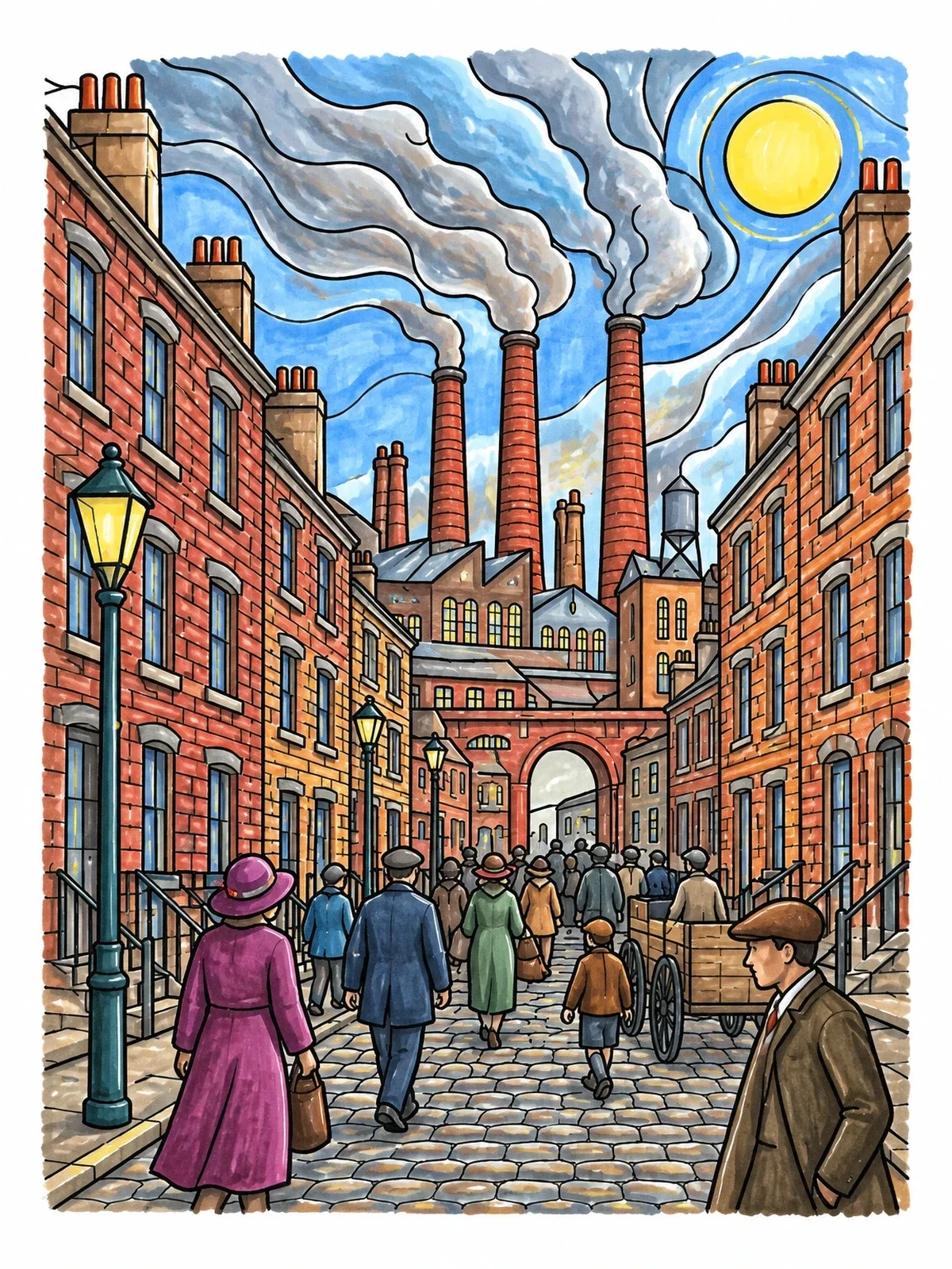 Colored example of the Busy Industrial Revolution City Street coloring page