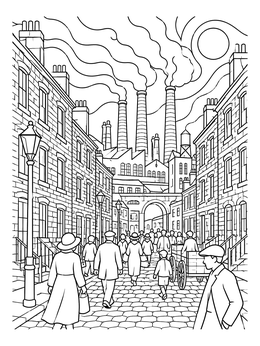 Free printable Busy Industrial Revolution City Street coloring page