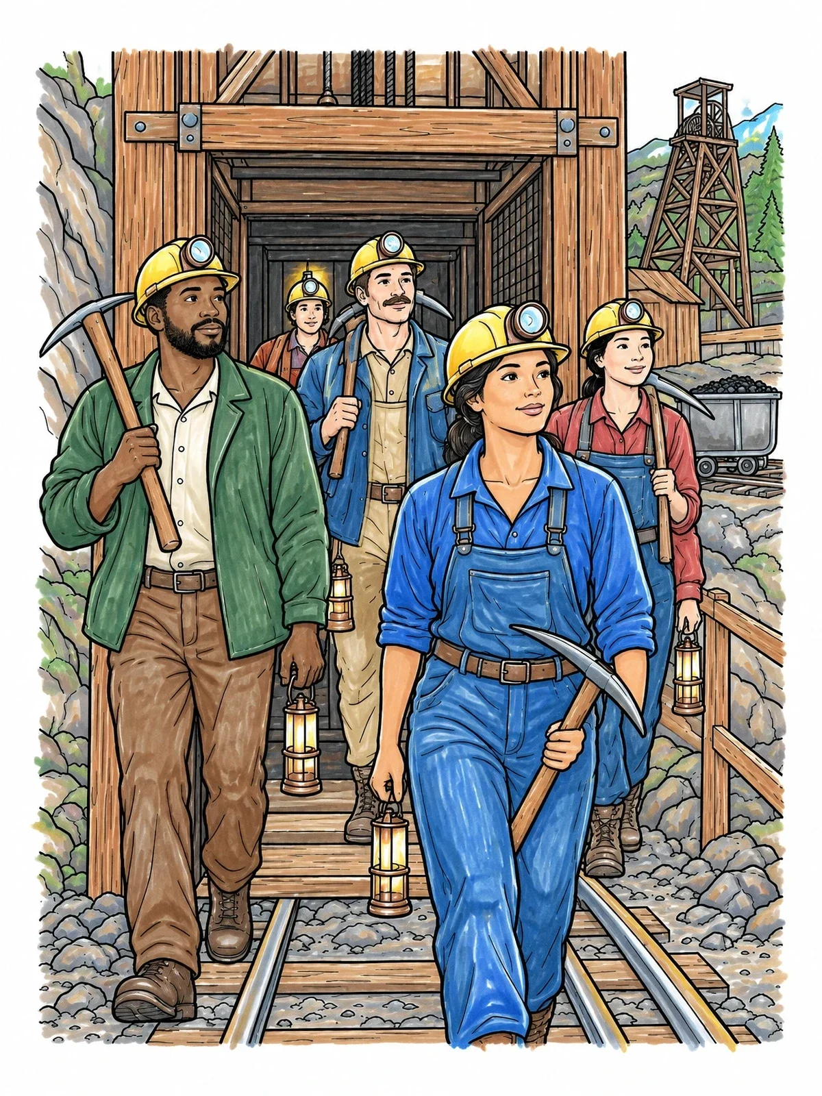 Colored example of the Coal Miners Emerging From The Mine Shaft coloring page