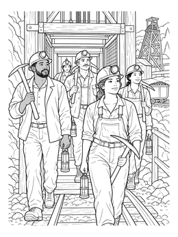 Free printable Coal Miners Emerging From The Mine Shaft coloring page