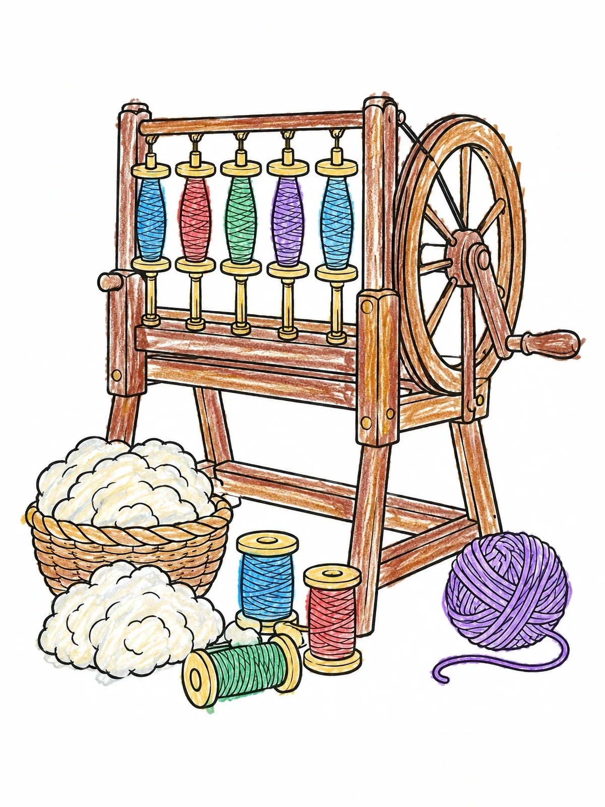Colored example of the Early Spinning Jenny Machine coloring page