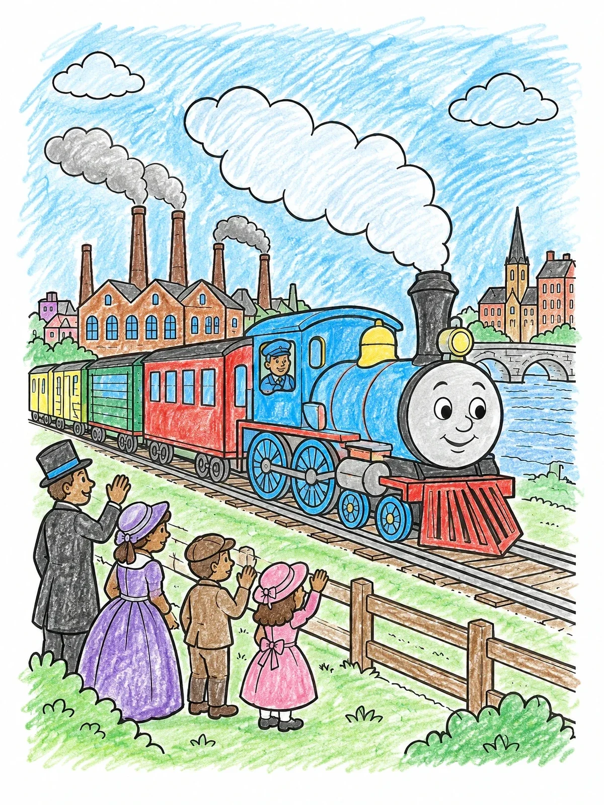 Colored example of the Friendly Steam Train And Victorian Family coloring page