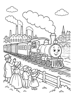 Free printable Friendly Steam Train And Victorian Family coloring page