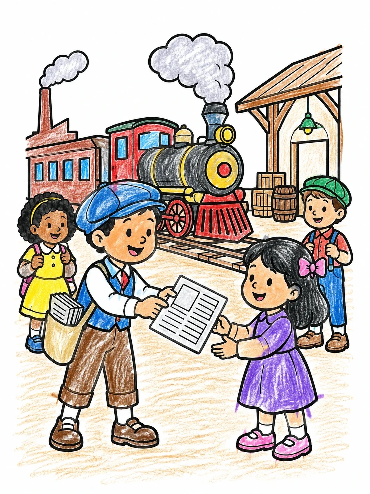Colored example of the Newsboy At The Steam Train Station coloring page