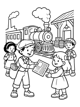 Free printable Newsboy At The Steam Train Station coloring page