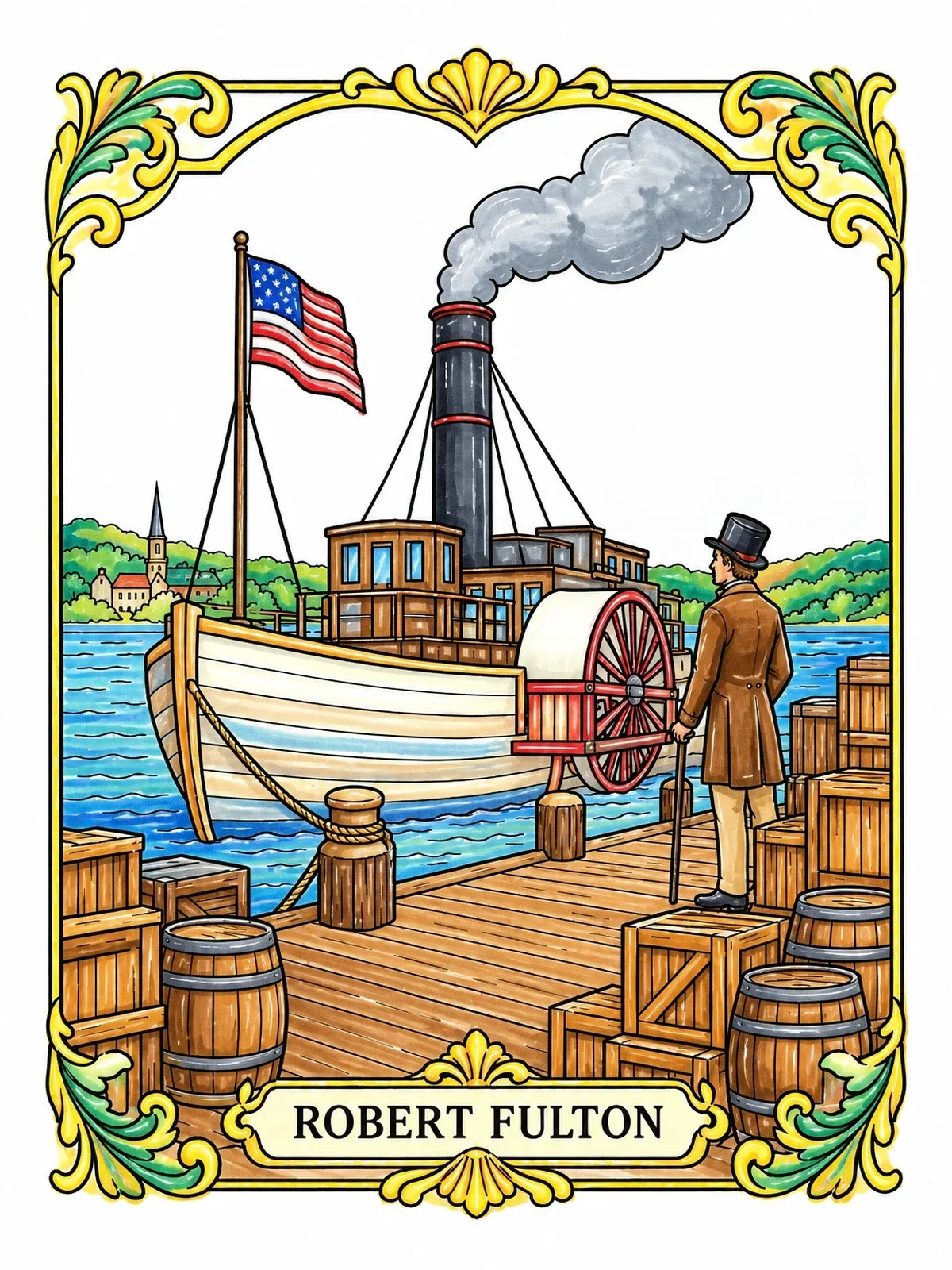 Colored example of the Robert Fulton And His Steamboat coloring page