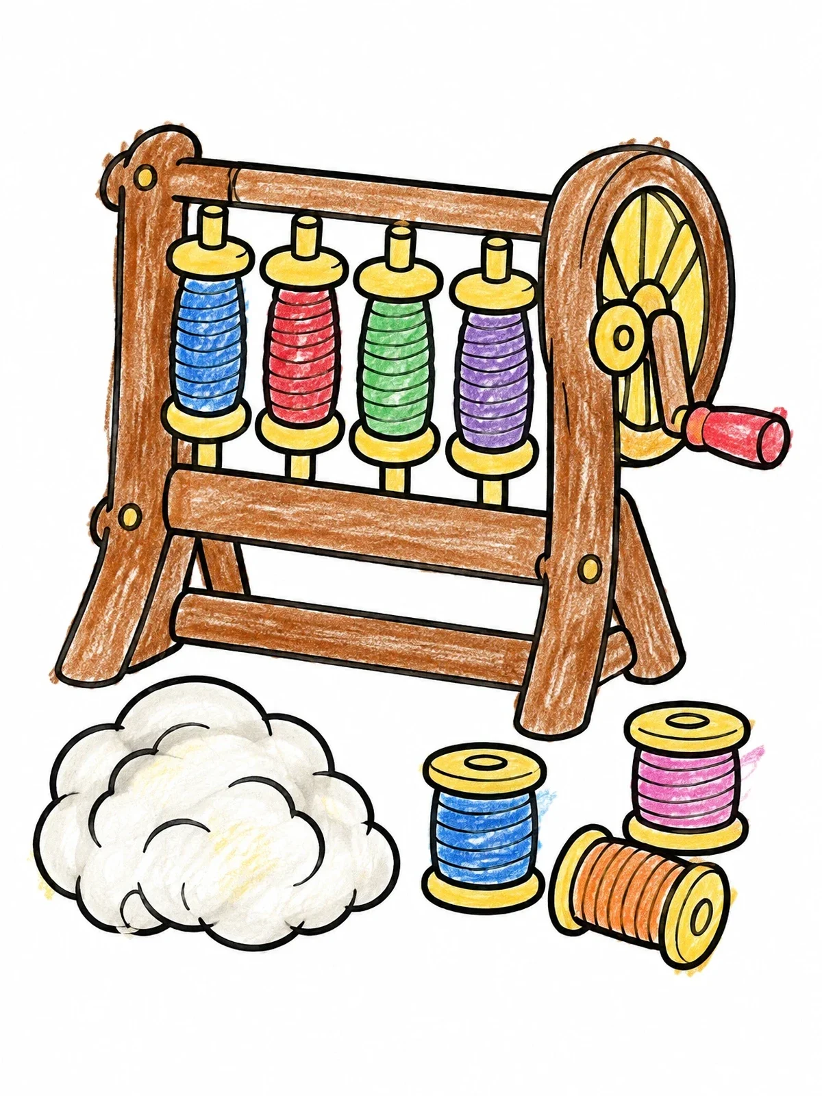 Colored example of the Spinning Jenny With Spools And Wool coloring page