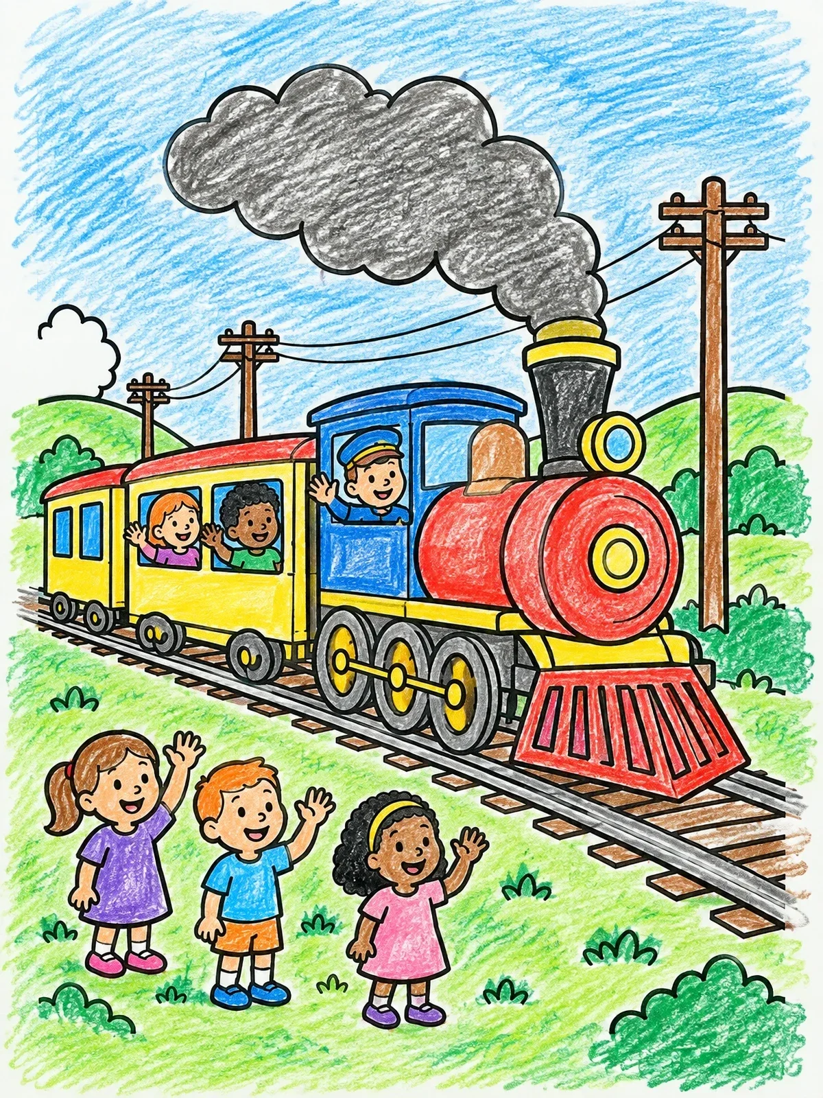 Colored example of the Steam Locomotive Passing Cheerful Children coloring page