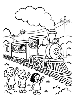 Free printable Steam Locomotive Passing Cheerful Children coloring page