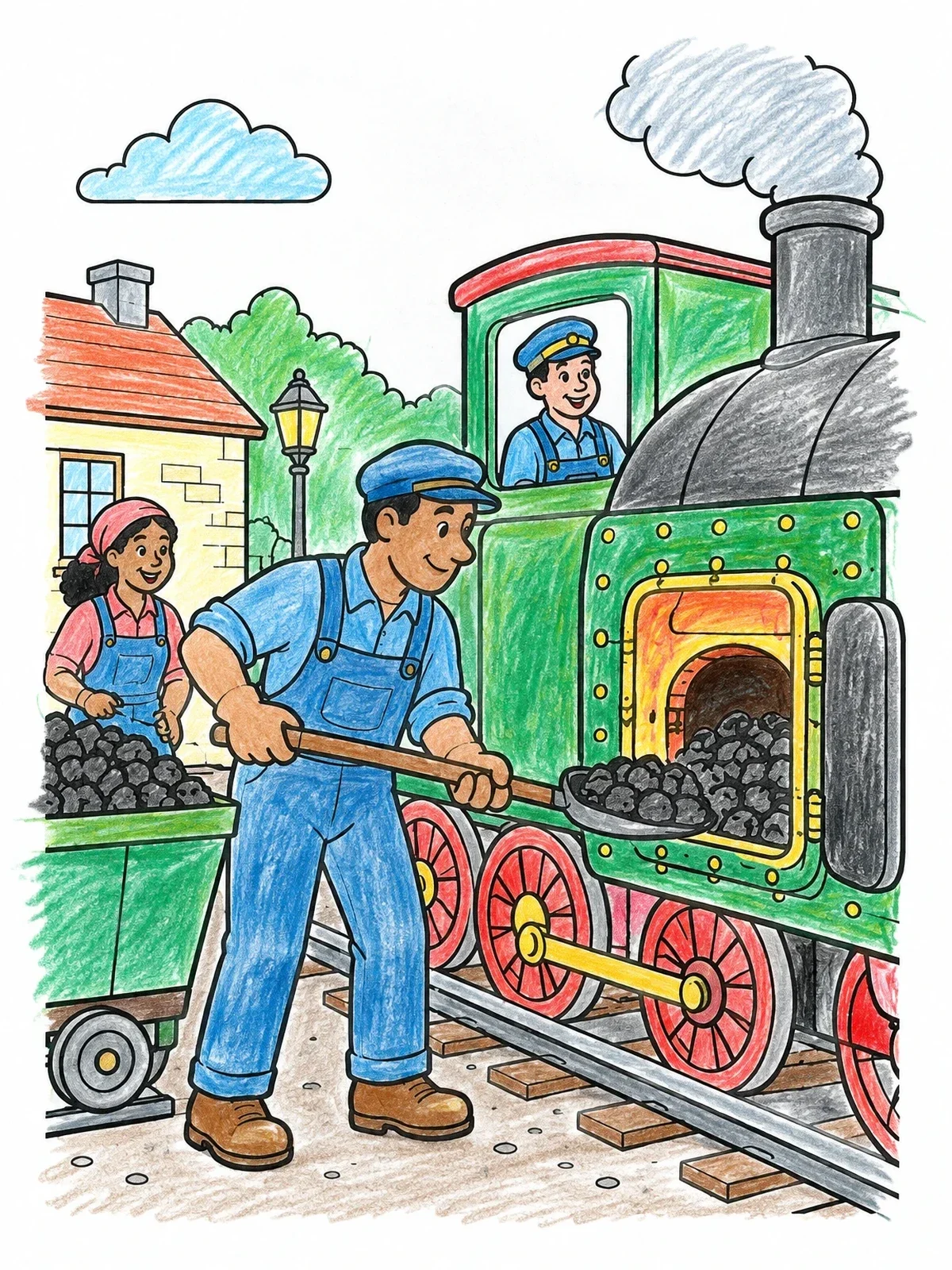 Colored example of the Train Crew Shoveling Coal coloring page