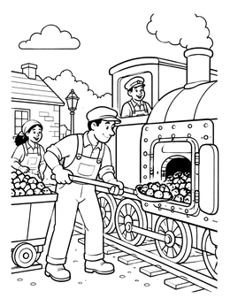 Free printable Train Crew Shoveling Coal coloring page