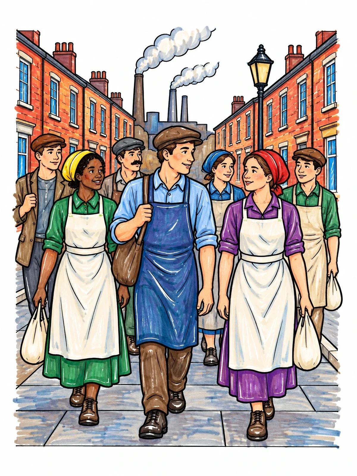 Colored example of the Victorian Factory Workers Walking Home coloring page