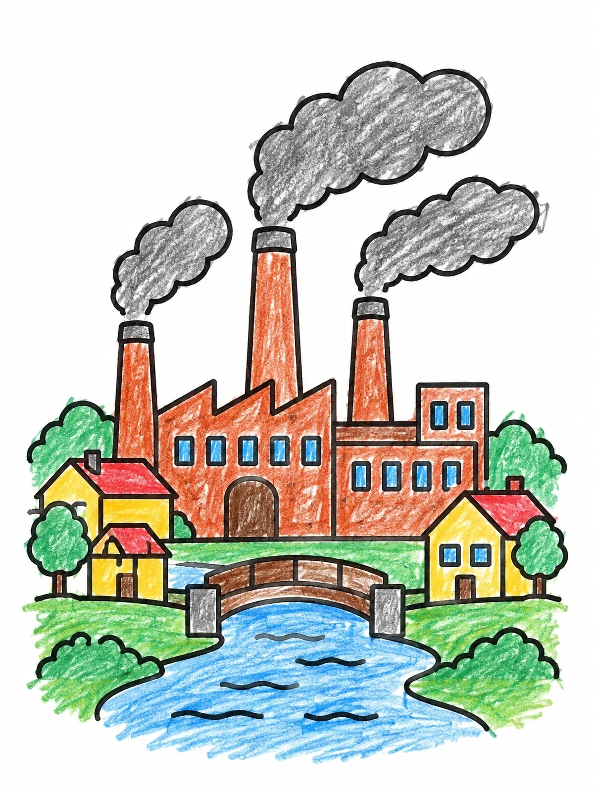 Colored example of the Vintage Factory Town By The River coloring page