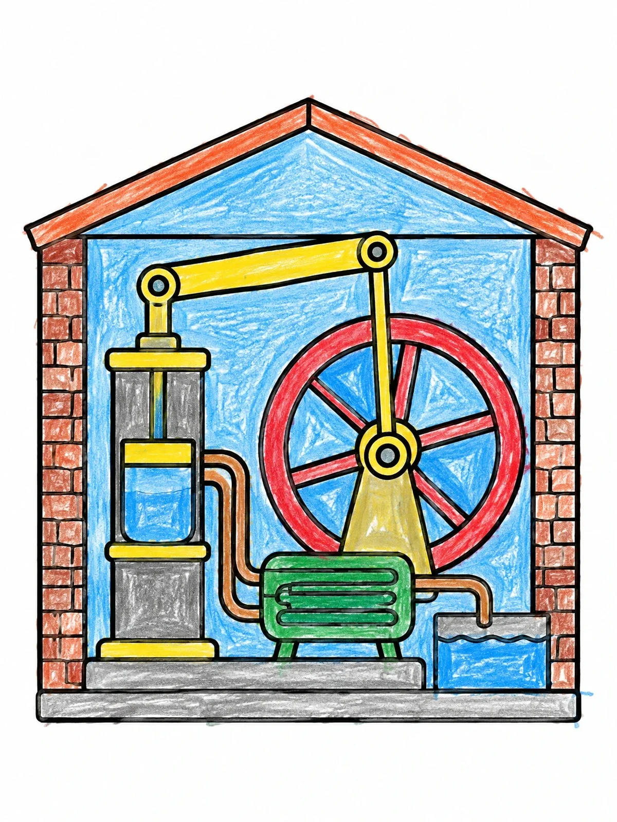 Colored example of the Vintage Steam Engine In Workshop coloring page