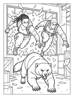 An action-packed wolverine coloring page featuring two agents leaping through a shattered window.