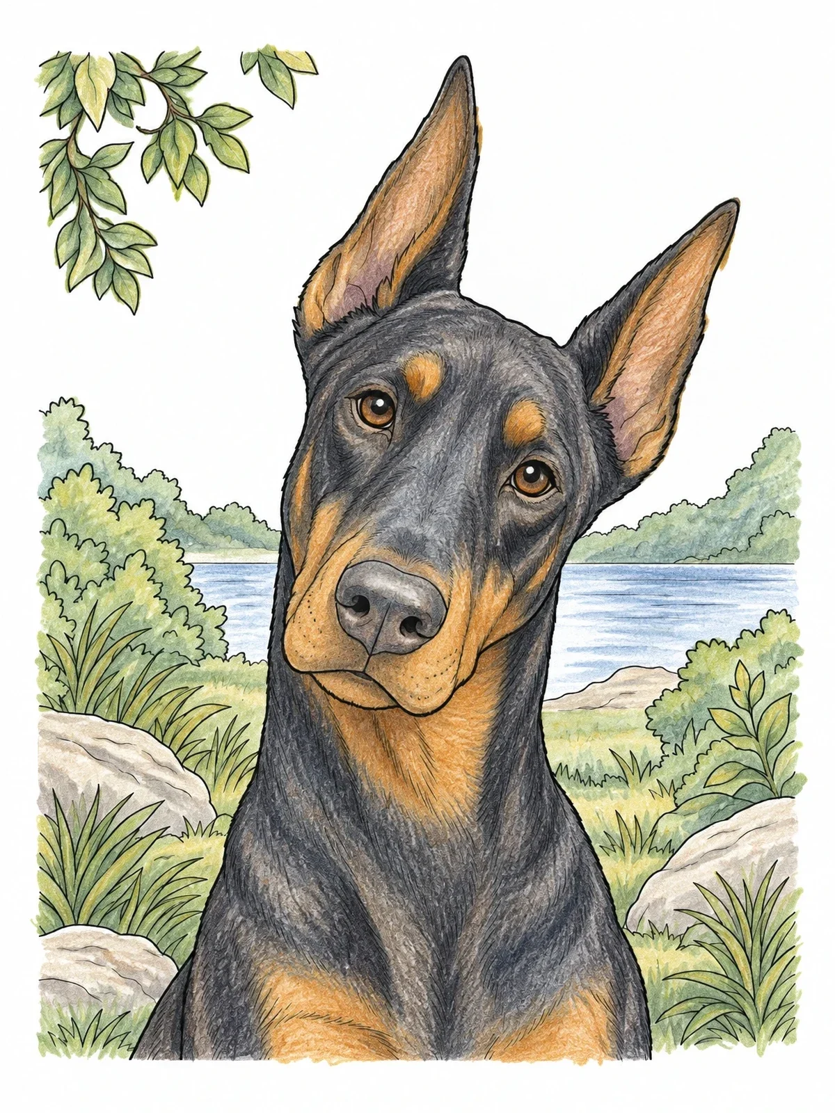 Colored example of the Inquisitive Doberman Head Tilt coloring page