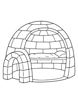 An igloo coloring page showing an open cutaway view of the cozy snow interior and bed.
