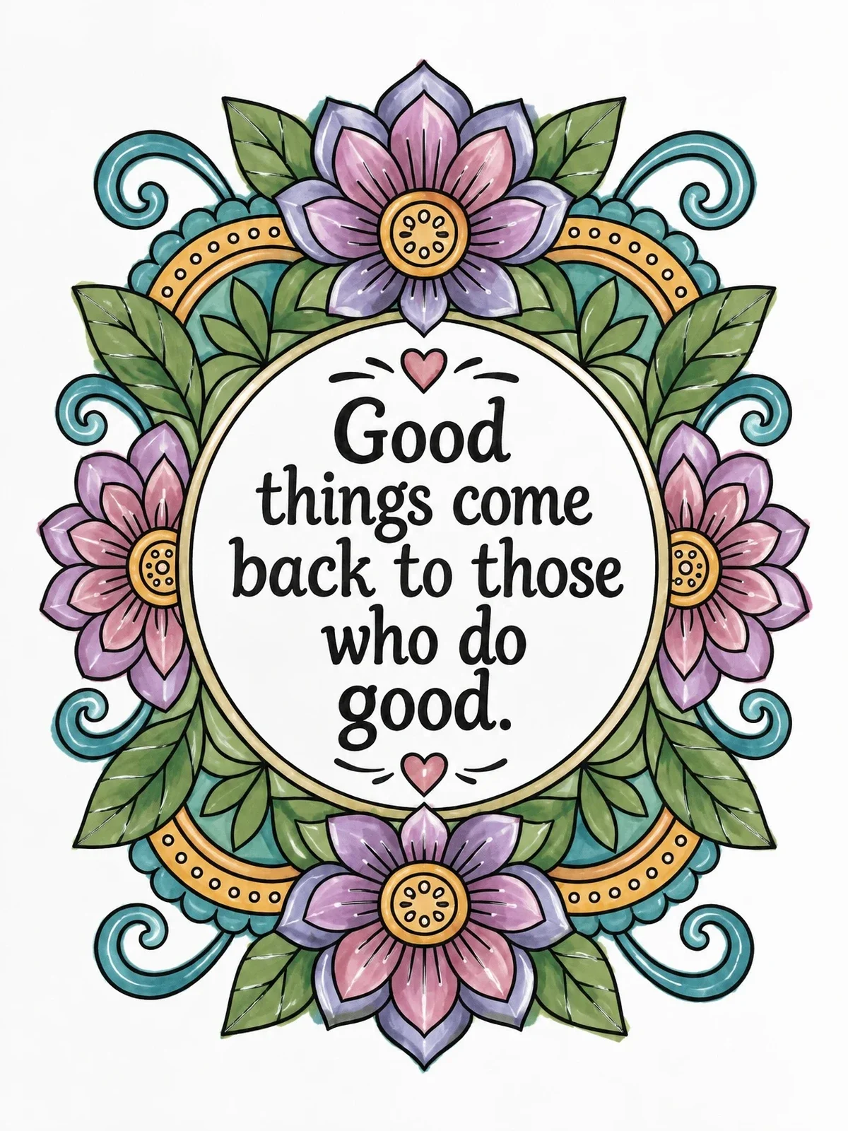 Colored example of the Inspirational Karma Quote With Floral Mandala coloring page