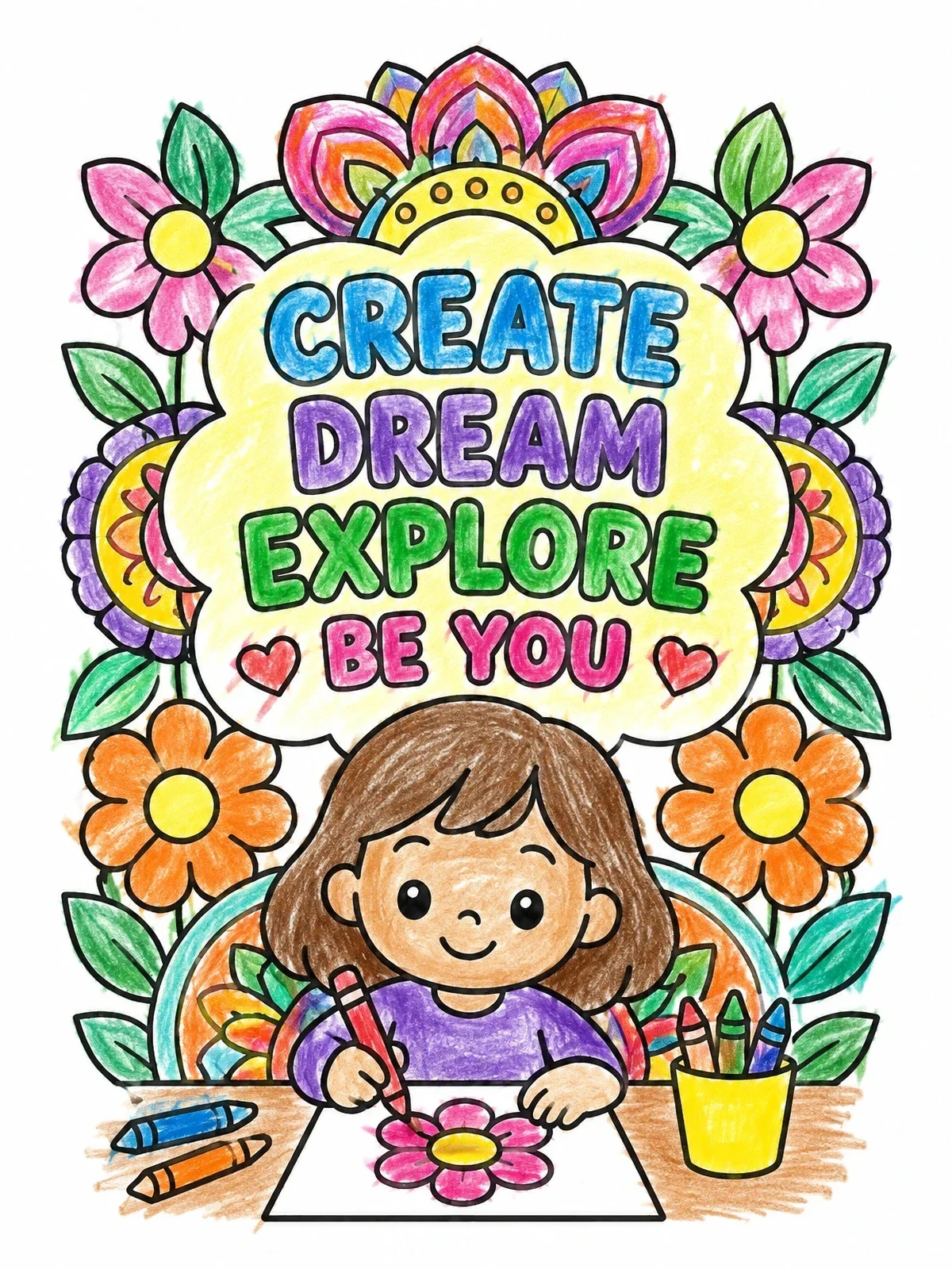 Colored example of the Inspiring Creativity Thought Bubble coloring page