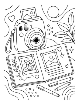 An instant camera coloring page with an open photo scrapbook and markers.